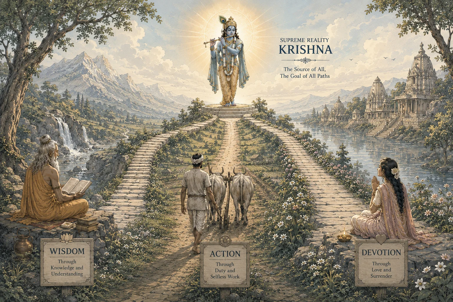 Krishna at the summit — the three paths of Wisdom, Action and Devotion converge on the supreme reality