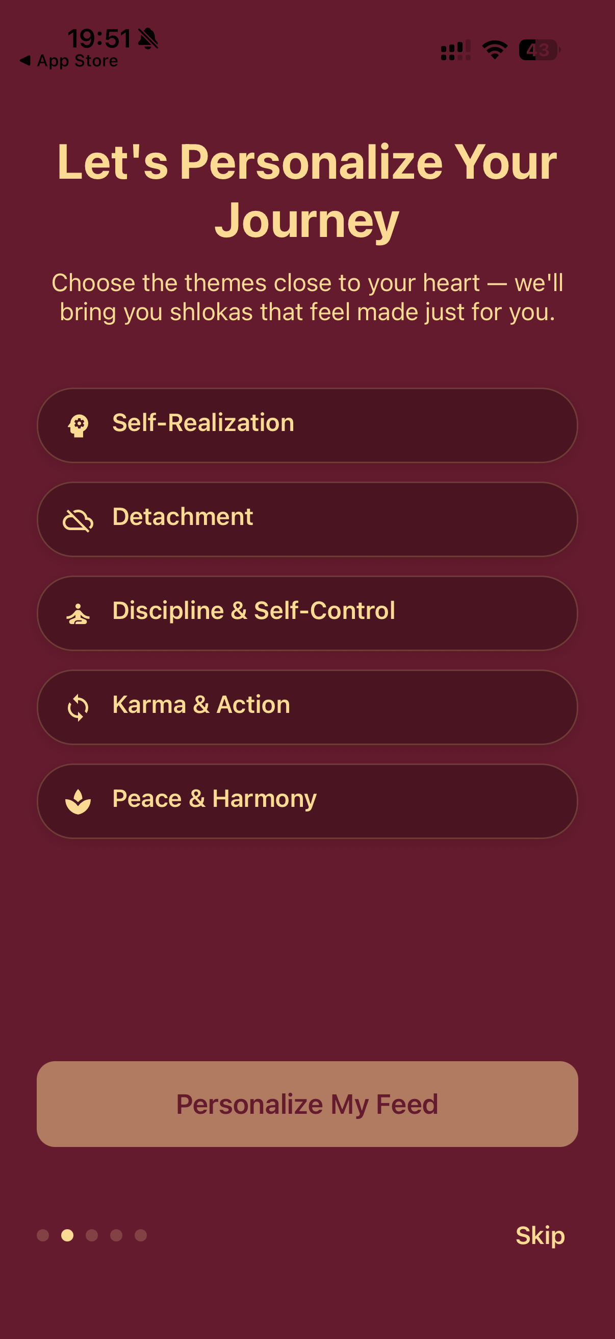 Wisdom app topic personalisation for karma, peace, detachment, and self-realization