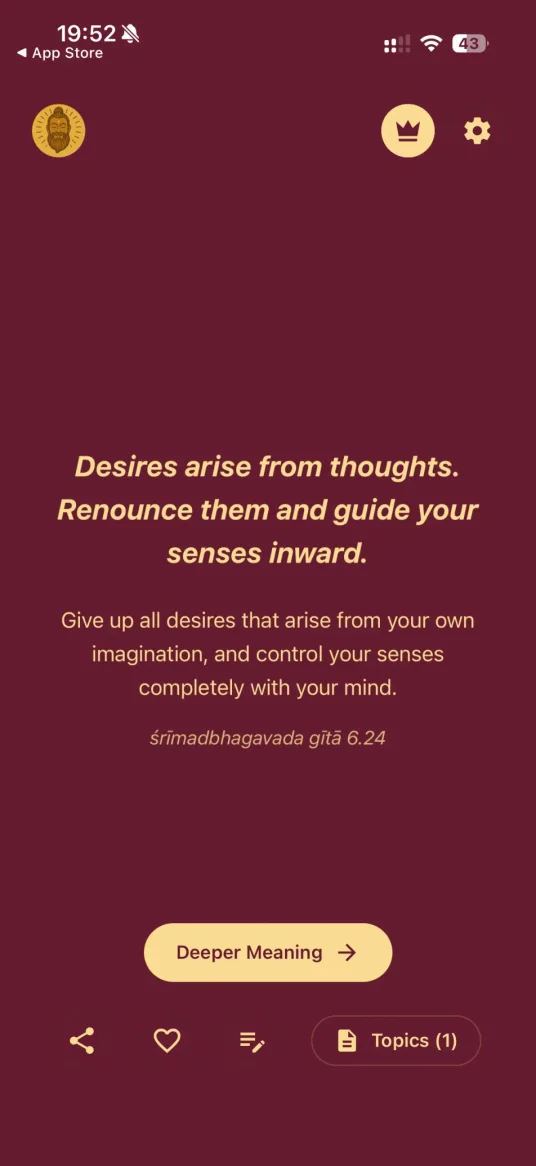 Wisdom iPhone app showing a Bhagavad Gita verse in Sanskrit and English
