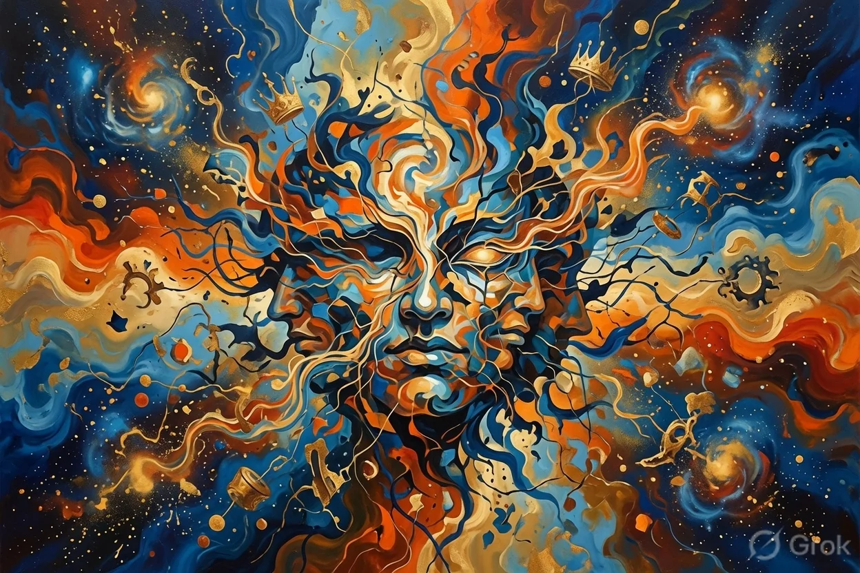 Abstract painting of a cosmic face dissolving into swirling forces — representing the I-maker, ahankara, in the Bhagavad Gita