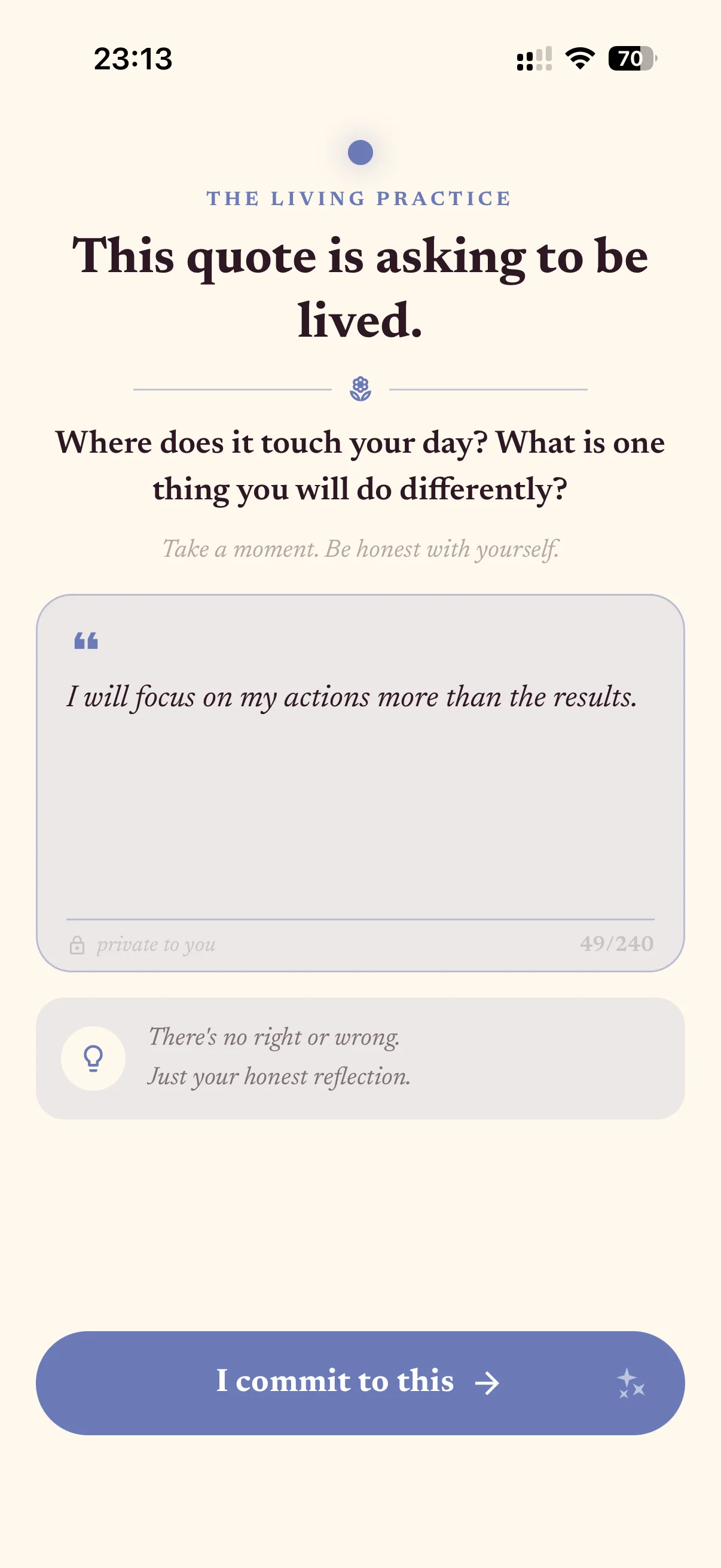 Wisdom app Living Practice — a Karma-path commitment prompt asking what you'll do differently today, with an I commit to this button