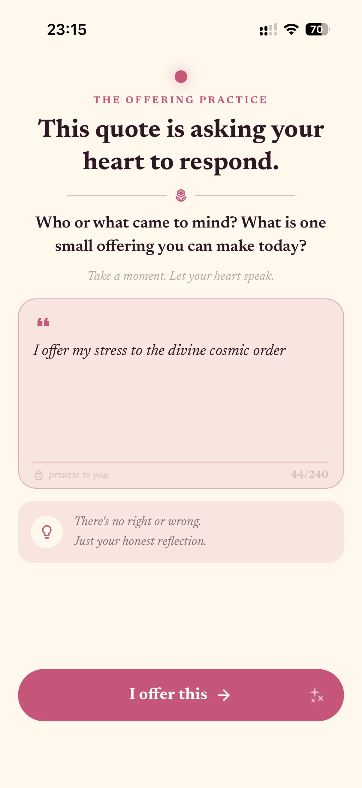 Wisdom app Offering Practice — a Bhakti-path heart-response prompt asking what small offering you can make today, with an I offer this button