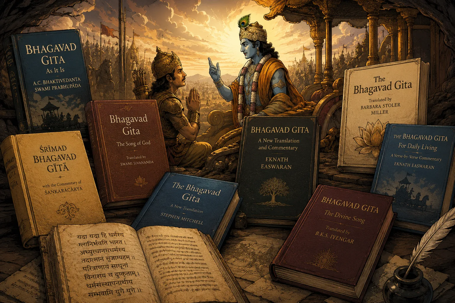 Multiple editions of the Bhagavad Gita side by side, from Gita Press to Penguin Classics