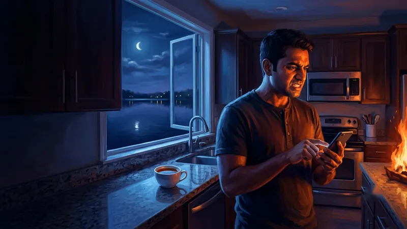 A man about to send an angry message, half his face lit by fire and half by a still moonlit lake