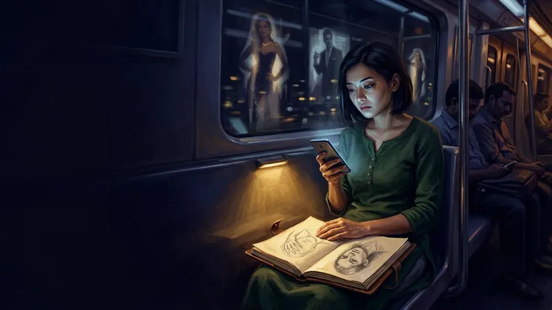 A young woman on a night subway scrolling her phone, her own sketchbook glowing on her lap
