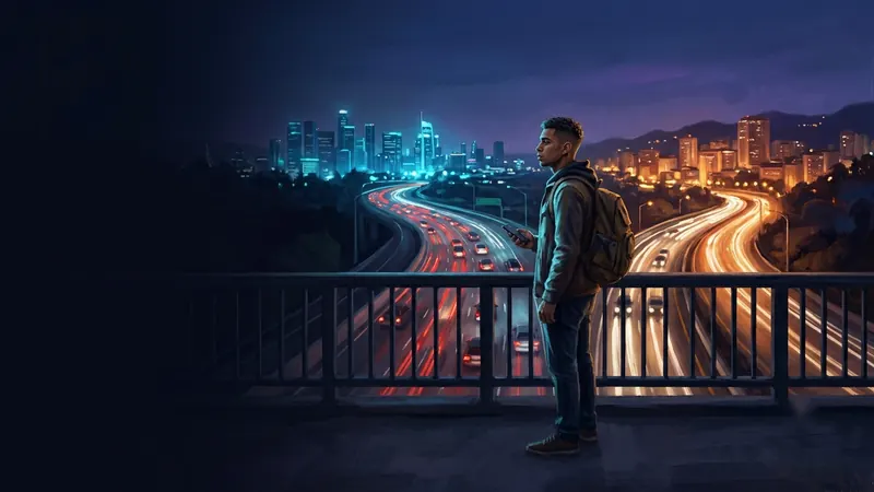 A young man standing still on a footbridge over a highway that splits toward two cities at dusk
