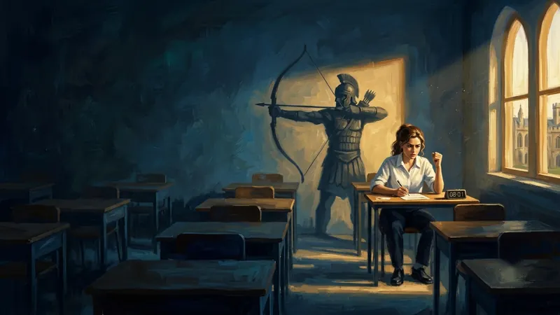 A student about to begin an exam, her shadow on the wall an archer drawing a bow