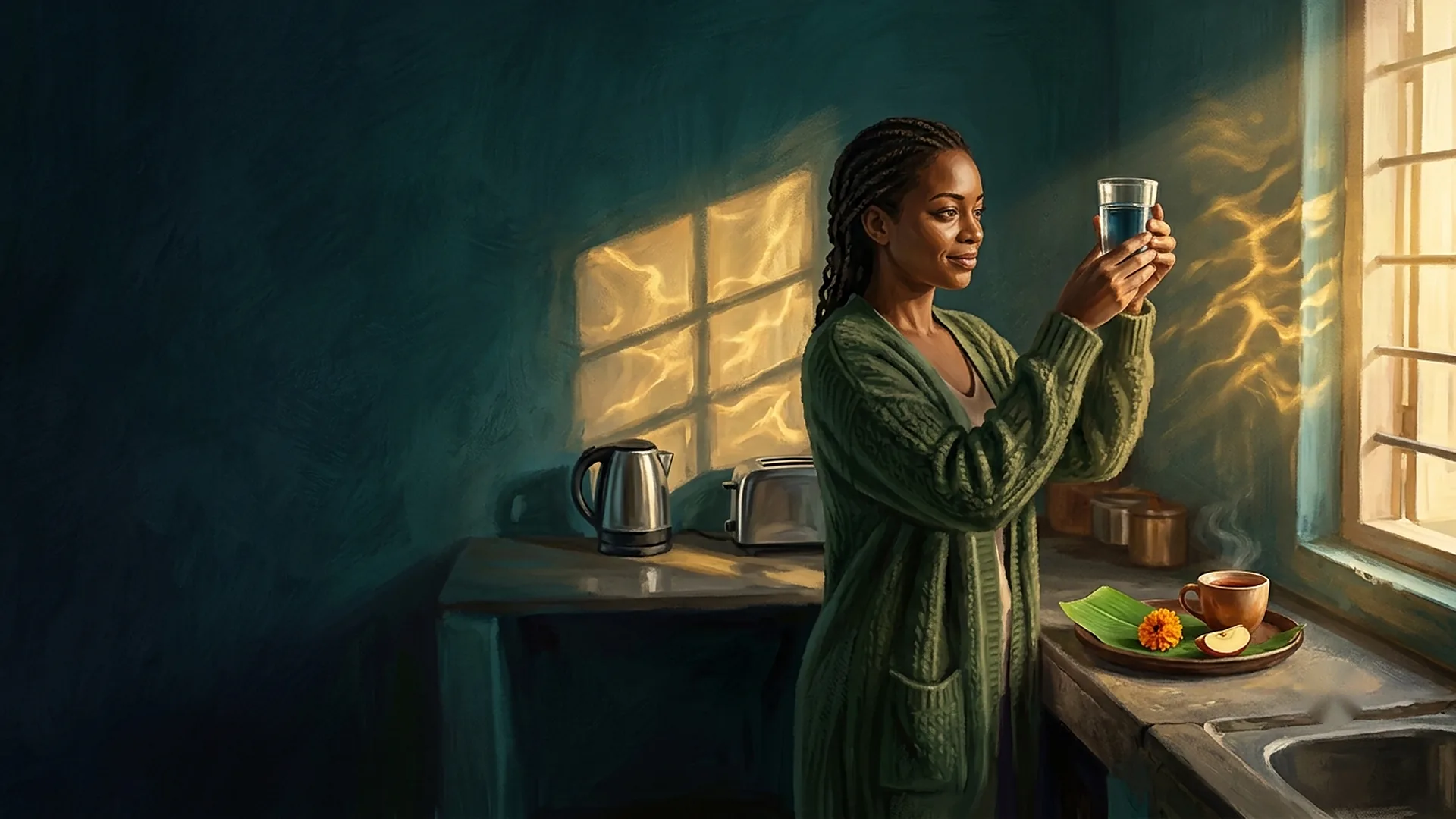 A woman holding a glass of water up to the morning light in her kitchen