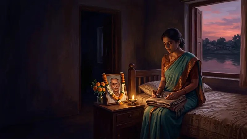 A woman holding her late father's shawl beside his garlanded photograph and a lit diya