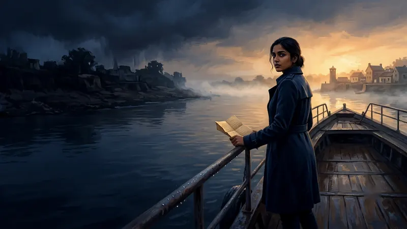 A woman on a ferry at sunrise looking back at a dark shore as the boat crosses toward light