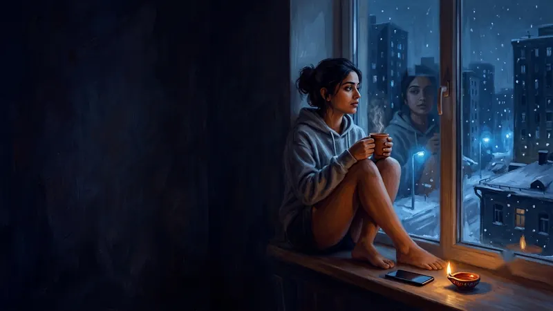 A young woman on an apartment windowsill at night with a lit diya, a snowy city outside