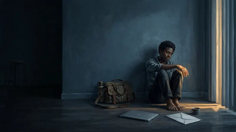 A young man sitting on the floor of a dim room as a beam of sunrise reaches his hand