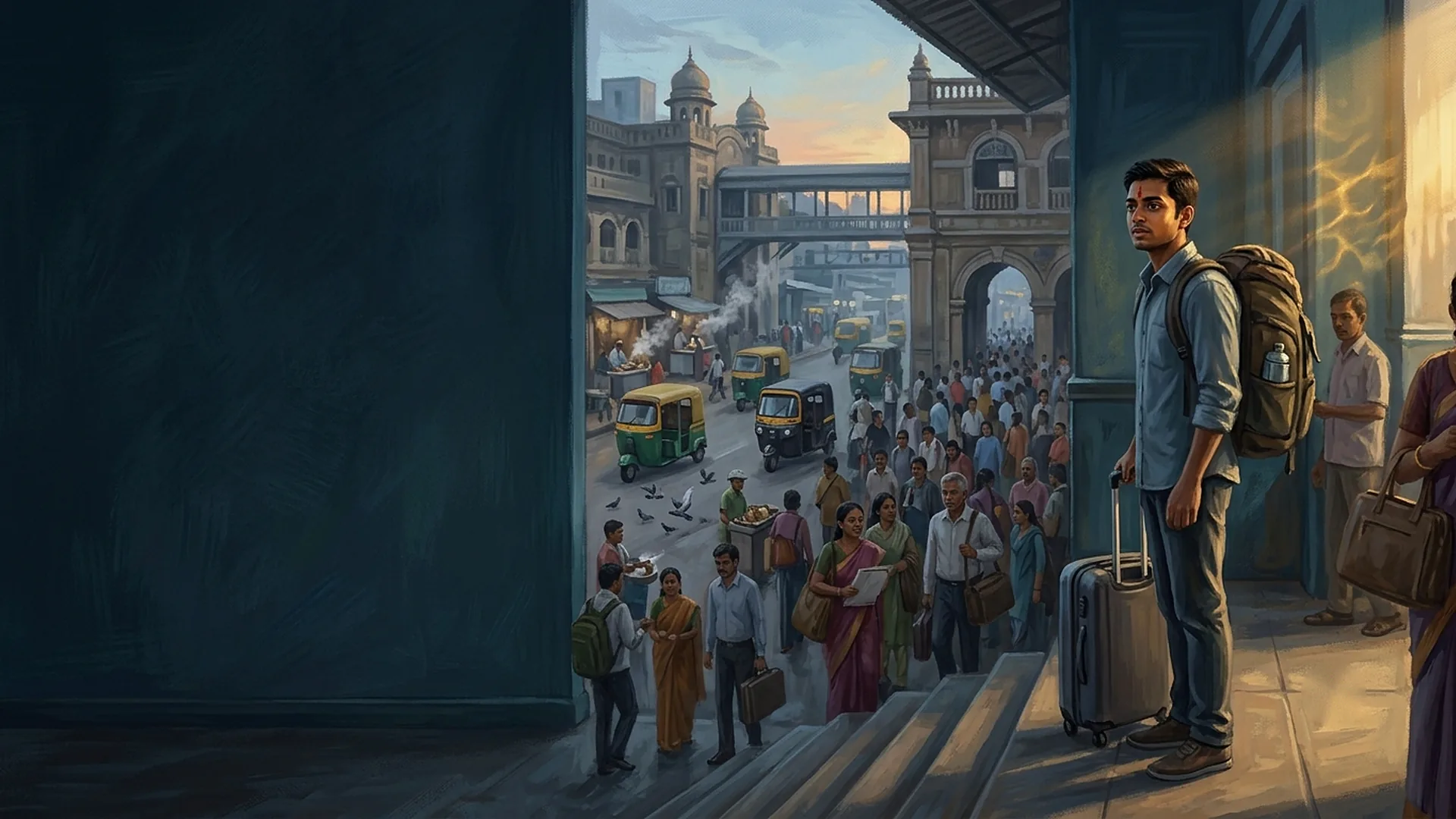 A young man with a suitcase stepping out into a new city at sunrise