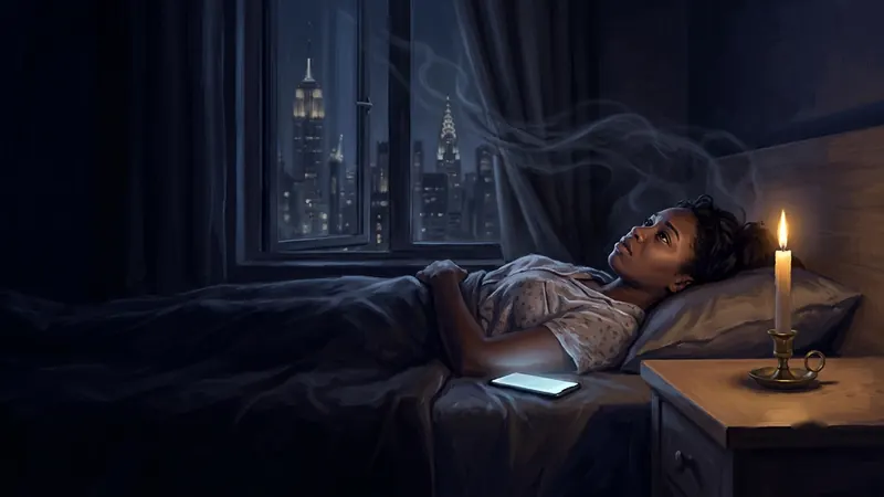 A young woman lying awake at night while a candle beside her burns with a perfectly still flame