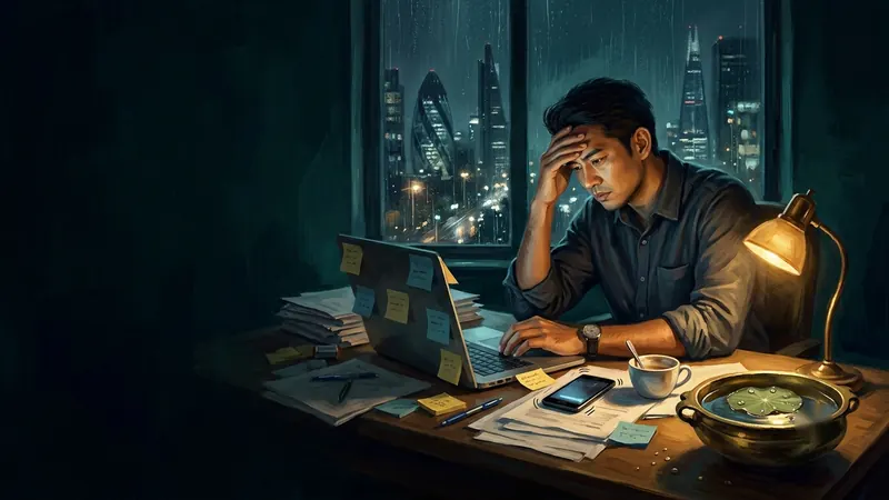 A man at a cluttered office desk late at night, a lotus leaf in a bowl of water beside him